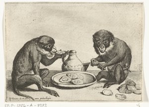 Dois macacos a comer ostras
Vários actos de vida humana representados por macacos (título da série)
O jogo do macaco no mundo (título da série)