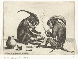 Dois macacos a fumar cachimbo
Vários actos de vida humana representados por macacos (título da série)
O jogo do macaco no mundo (título da série)