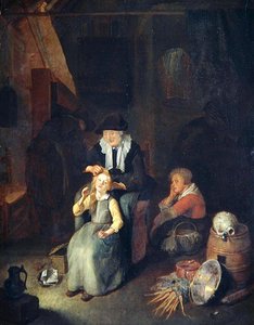 Interior de casa de campo com mulher a pentear o cabelo de uma rapariga de Quiringh Gerritsz. van Brekelenkam