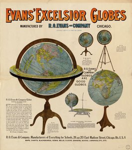 Cartaz publicitário para os globos tem representações de 5 globos e algum texto descritivo de R. O. Evans And Company