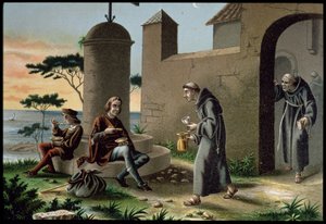 A Chegada de Cristóvão Colombo (1451-1506) com o seu Filho ao Mosteiro de la Rabida, de The Discovery of America, publicado em Barcelona em 1878 (cor litho) de R. Puiggari