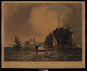O Dreadnought, 104 canhões, navio-hospital para marinheiros de todas as nações, atracado no Tamisa ao largo de Greenwich, 20 de junho de 1831 de R. W. Price