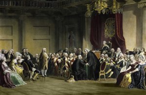 Benjamin Franklin (1706-1790), filósofo, físico e estadista americano perante os Senhores do Conselho Privado, Whitehall Chapel, Londres de R. Whitechurch