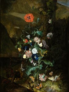 Um arranjo de flores junto a um tronco de árvore, c.1683 (óleo sobre tela) de Rachel Ruysch