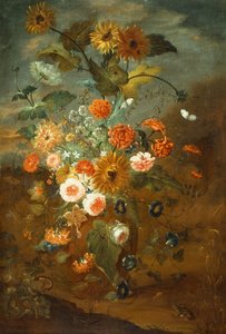 Rosas, Cravos, Girassóis em Vaso com Borboletas, Sapos, Insetos (óleo sobre tela) de Rachel Ruysch