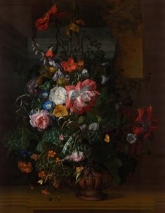 Rosas, convólvulos, papoulas e outras flores em uma urna em uma borda de pedra de Rachel Ruysch