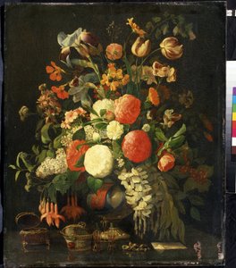 "Bouquet de flores" (Flores) Sobre a mesa estão estojos de jóias. Pintura de Rachel Ruysch (1664-1750) Museu de Arte Mikhail Kroshitsky, Sevastopol (Sebastopol) Ucrânia de Rachel Ruysh
