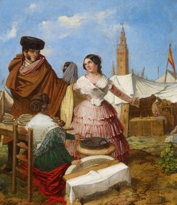 Cortejo numa barraca de pastelaria em forma de anel na Feira de Sevilha - Benjumea, Rafael (c. 1825-c. 1887) - 1852 - Óleo sobre tela - 35x30 - Museo Carmen Thyssen, Málaga de Rafael Benjumea