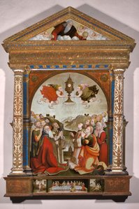 Retábulo da Adoração do Santíssimo Sacramento, na predela: A Última Ceia, São Sebastião e São Roque de Raffaele De (fl.1514 1573) Pancalino