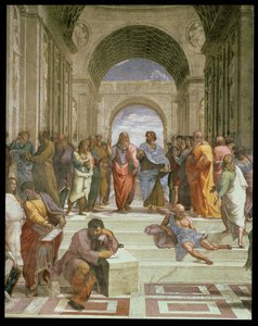 Escola de Atenas, detalhe do centro mostrando várias figuras, incluindo Platão, Aristóteles, Michelangelo como Heráclito e Diógenes, detalhe afresco 1510-11 de 472 de Raffaello Sanzio Raphael
