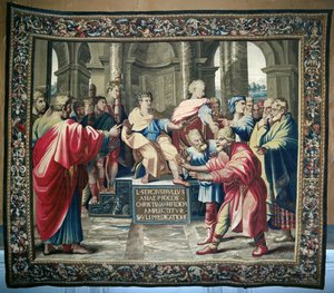 Tapeçaria representando os Atos dos Apóstolos. The Blinding of Elymas, tecido na Oficina de Beauvais sob a direção de Philippe Behagle (1641-1705), 1695-98 (tapeçaria de lã) de Raffaello Sanzio Raphael
