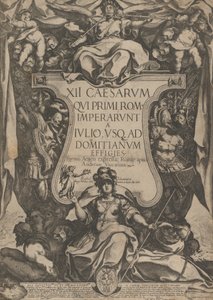 Frontispício com trompetista soando trombetas assentado sobre cartela ladeada por tr..., 1606.