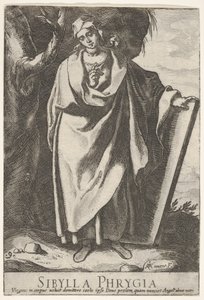 Prancha 9: a Sibila Frígia segurando o topo de uma tabuinha com a mão esquerda e apontando para..., 1609.