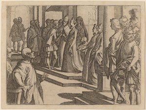 O noivado de Margarida da Áustria com Filipe III, rei da Espanha de Raffaello Schiaminossi