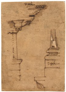 Desenho de um entablamento e da base de um pedestal (caneta e tinta castanha, sobre papel vegetal oleado)