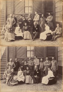Shimla, 17 de maio de 1887: grupo vice-real. Lord William Beresford, secretário militar, capitão Leonard Gordon A.D.C., Mademoiselle Clerc, o honorável Basit Blackwood, major F.R. Hamilton A.D.C., Sr. Oglivie Grant, Sir Donald Mackenzie Wallace K.C.E. de Raja Deen Dayal