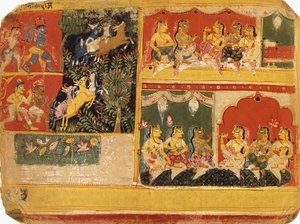 Uma ilustração para o "Bhagvata Purana", livro X, capítulo 21, c.1525 de Rajput School