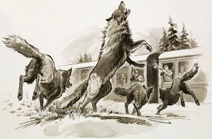 Passageiros de um comboio nevado lutam contra lobos esfomeados (guache sobre papel)
