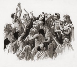 Santa Catarina a ser torturada na Roda (guache sobre papel) de Ralph Bruce
