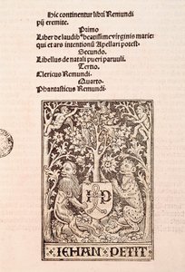 Página do códice "De Laudibus Beatissimae Virginis Mariae" de Ramon Llull (1235-1315), retratando dois leões segurando o brasão do impressor Jehan Petit de Ramon Llull