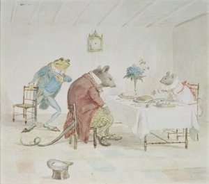 "Reze, senhorita Mouse, você vai nos dar um pouco de cerveja", ilustração de "A Frog He Would A-Wooing Go" de Randolph Caldecott