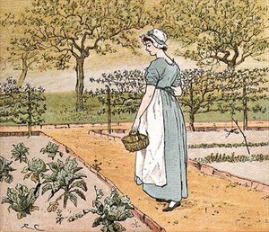 Ela entrou no jardim para cortar uma folha de couve para fazer uma torta de maçã", ilustração de 