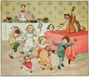 O gato e o violino e a ilustração do partido das crianças de Hey Diddle Diddle de Randolph Caldecott