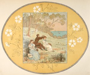 Duas mulheres e um homem sentados numa clareira perto da costa. Fronteira floral. de Randolph Caldecott