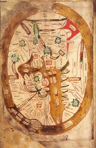 Ms.89 Higden fol.13v Mapa do mundo (tinta em velino) de Ranulf Higden
