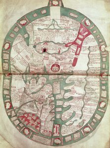 Roy.Ms.14 C. f.1 1v-2r Mapa do Mundo com Jerusalém como Centro, Polychronicon, c.1380 (velino) de Ranulf Higden