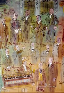 La Fee Electricite, pormenor: Retratos de diferentes intelectuais e cientistas: Jules Francois Joubert, Elihu Thomson, Ernst Werner Siemens, Charles Proteus Steinmetz, Marcel Deprez, Gaston Plante, Gabriel Lippmann, John Kerr, Maurice Leblanc, Humphrey Da de Raoul Dufy