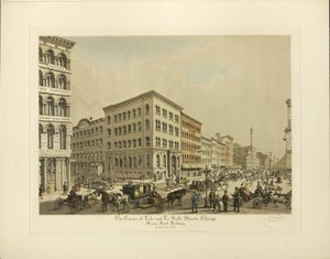 Corner of Lake and La Salle Streets, Chicago, Marine Bank Building no ano de 1864