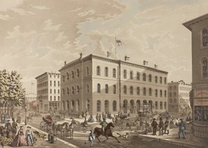 N.W. Esquina das ruas Dearborn e Monroe, Chicago, mostrando o prédio dos correios no ano de 1865