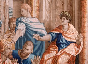 tapeçaria flamenga. Série Atos dos Apóstolos. Elimas ficou cego (La ceguera de Elimas). Sétima tapeçaria da série. Desenho de modelo de Rafael Sanzio. 1519. Manufatura Jan Raes II, Bruxelas. Ca 1605-1629. Tecido Seda e lã. Tamanho 534 x 783 cm. Local de Raphael