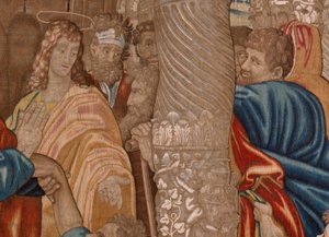 Tapeçaria flamenga. Actos da Série dos Apóstolos. O milagre do homem coxo (El milagro del paralítico). A terceira tapeçaria da série. Desenho animado modelo de Rafael Sanzio. 1519. Fabrico Jan Raes II, Bruxelas. Ca1605-1629. Seda de tecido e lã. Tamanho 52 de Raphael