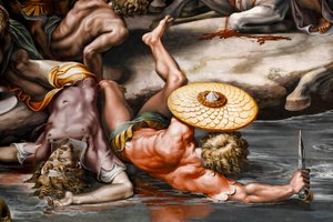 Batalha da ponte Milvian, detalhe. 1517-1524 (fresco) de Raphael