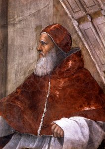 Pormenor da Sala de Heliodoro no Vaticano, retratando o Papa Júlio II