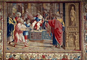Vida do apóstolo Pedro e Paulo: "o castigo de Barjesu (Eliseu) mago judeu que se opunha a Paulo e era temporariamente cego" A cena se passa diante do procônsul romano Lucius Sergius Paulus e São Barnabé. Você pode ver a inscrição i de after Raphael