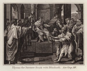 Desenho animado do Raphael: Elymas the Sorcerer Struck with Blindness, Atos, Cap XIII (gravura) de after Raphael