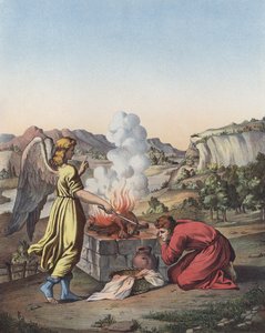 O Anjo aparecendo diante de Gideon (cor litho) de after Raphael