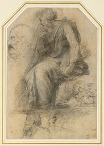 Um santo macho, sentado (São Paulo): Estudo para a Disputa, WA1846.189 (carvão vegetal com aumento de branco) de Raphael