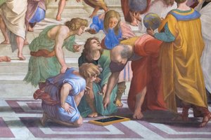 Euclides ou Arquimedes: detalhe da Escola de Atenas na Stanza della Segnatura