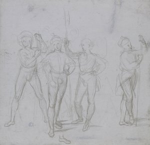 Grupo de quatro Soldados de pé (ponto prateado sobre uma preparação azul-acinzentada em papel não branco) de Raphael