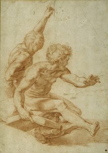 Estudos nus para Santo André e outro apóstolo em "A Transfiguração", c.1517 (giz vermelho sobre indentação do estilete em papel creme) de Raphael