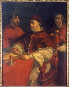 Retrato do Papa Leão X (1475-1521), filho de Lourenço de Médici (1449 - 1492) (Lourenço o Magnífico: Lorenzo il Magnifico) rodeado pelos Cardeais Luigi de 