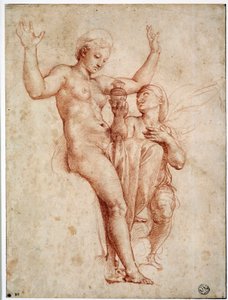 Psyche apresentando a Vênus a água do Styx. Desenho a la sanguine de Raffaello Sanzio dit Raphael (1483-1520)
