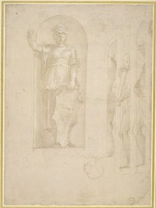 Estudos para uma Figura de Minerva e outras Estátuas (ponto prateado com altura branca no papel) de Raphael