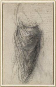 Estudo para o Drapery of a Man in Back View (gizes pretos e brancos com giz preto acastanhado, parcialmente picado, sobre papel de palha pálida) de Raphael