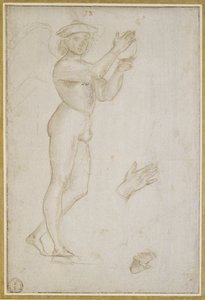 Estudo de um Jovem Fazendo Música (ponto prateado, elevado com cor de corpo, sobre uma preparação cinzento-pedra pálida) de Raphael