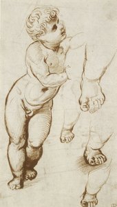 O Cristo Infante e outros Estudos (caneta e tinta marrom escuro sobre indicações preliminares em ponto de chumbo, em papel branco) de Raphael